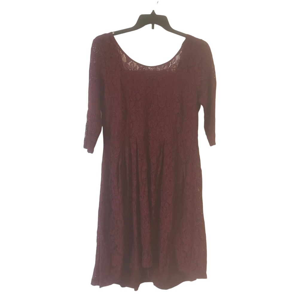 Lane Bryant Burgundy Floral Lace Fit Dress 3/4 Sleeve Maroon Cocktail Midi